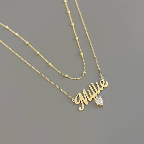 Personalized Name Necklace Layering Set with Ball Station Chain – 18K Gold Plated Silver