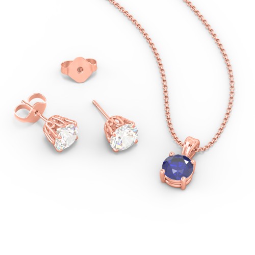 Solitaire Birthstone Necklace and Earrings Set – 10K Rose Gold with Blue Sapphire and Cubic Zirconia