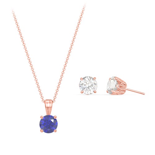 Solitaire Birthstone Necklace and Earrings Set – 10K Rose Gold with Blue Sapphire and Cubic Zirconia