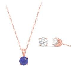 Solitaire Birthstone Necklace and Earrings Set in 10K Solid Rose Gold with Blue Sapphire and Cubic Zirconia