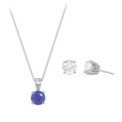 Solitaire Birthstone Necklace and Earrings Set – 10K Yellow Gold with Blue Sapphire and Cubic Zirconia