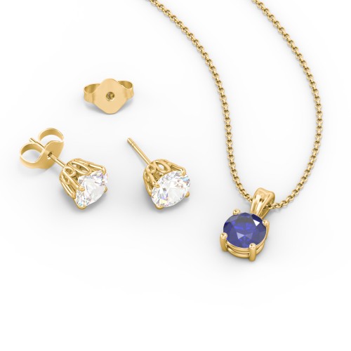 Solitaire Birthstone Necklace and Earrings Set – 10K Yellow Gold with Blue Sapphire and Cubic Zirconia