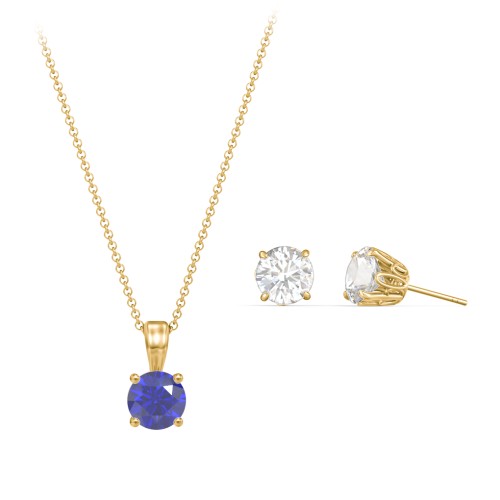 Solitaire Birthstone Necklace and Earrings Set – 10K Yellow Gold with Blue Sapphire and Cubic Zirconia