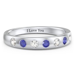 Flush Set Gemstone Belt Ring in 10K Solid White Gold with Cubic Zirconia and Blue Sapphire