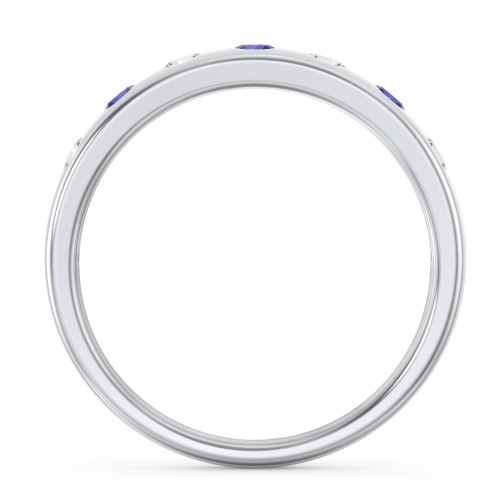 Flush Set Gemstone Belt Ring – 10K White Gold with Cubic Zirconia and Blue Sapphire