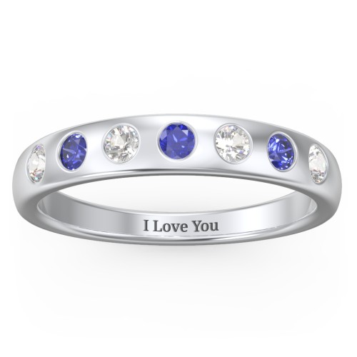 Flush Set Gemstone Belt Ring – 10K White Gold with Cubic Zirconia and Blue Sapphire