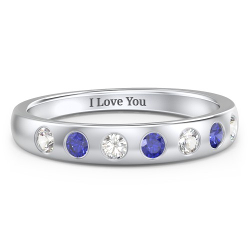 Flush Set Gemstone Belt Ring – 10K White Gold with Cubic Zirconia and Blue Sapphire
