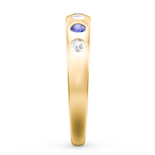 Flush Set Gemstone Belt Ring – 10K Yellow Gold with Cubic Zirconia and Blue Sapphire
