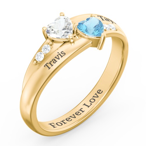 Double Heart Gemstone Ring with Accents – 10K Yellow Gold with Cubic Zirconia and Blue Topaz