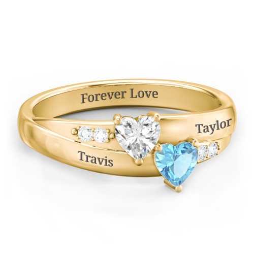 Double Heart Gemstone Ring with Accents – 10K Yellow Gold with Cubic Zirconia and Blue Topaz