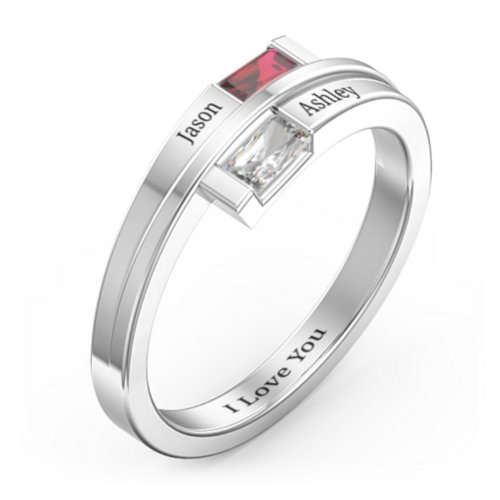 Double Baguette Bypass Ring – Sterling Silver with Garnet and Cubic Zirconia