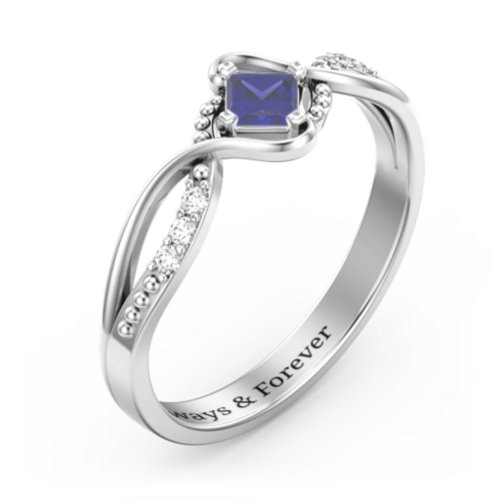 Solitaire Princess Cut Ring with Twisted Split Shank and Accents – 10K White Gold with Blue Sapphire and Cubic Zirconia