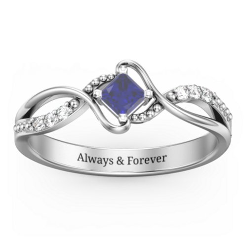Solitaire Princess Cut Ring with Twisted Split Shank and Accents – 10K White Gold with Blue Sapphire and Cubic Zirconia