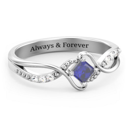 Solitaire Princess Cut Ring with Twisted Split Shank and Accents – 10K White Gold with Blue Sapphire and Cubic Zirconia