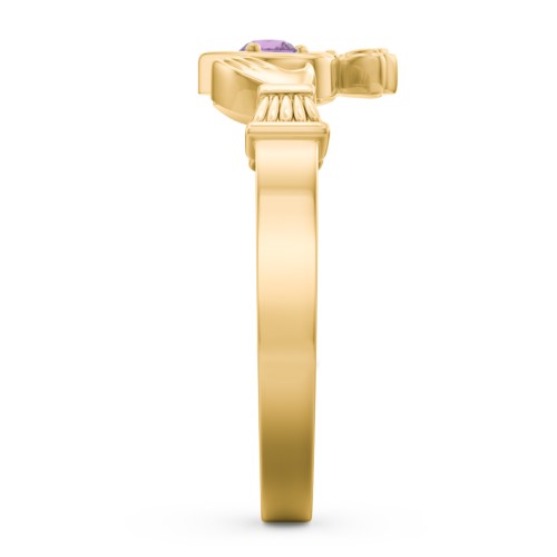 Round Stone Claddagh Ring – 18K Gold Plated Silver with Amethyst