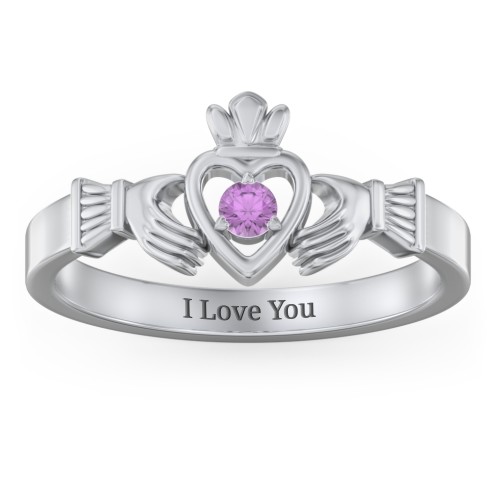Round Stone Claddagh Ring – Sterling Silver with Amethyst