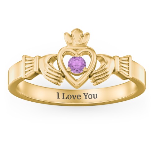Round Stone Claddagh Ring – 18K Gold Plated Silver with Amethyst