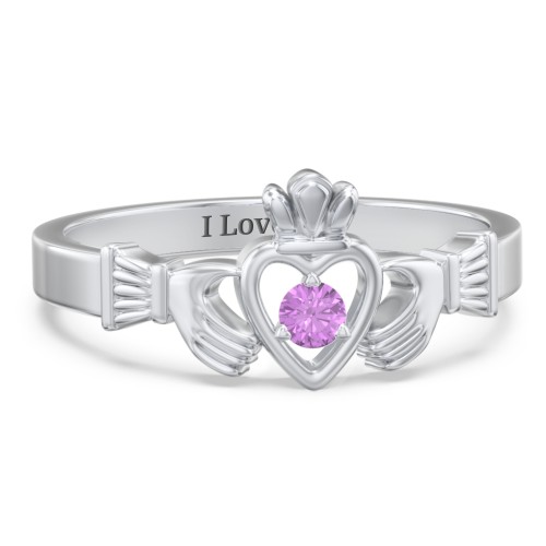 Round Stone Claddagh Ring – Sterling Silver with Amethyst