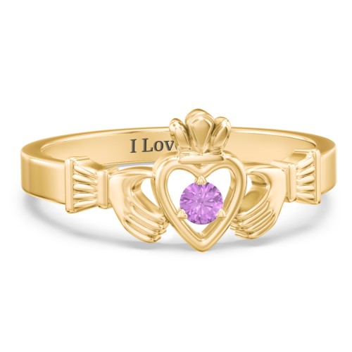 Round Stone Claddagh Ring – 18K Gold Plated Silver with Amethyst