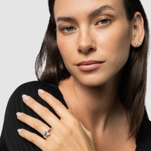 Heart Cluster Ring with Accents – 10K White Gold with Pink Tourmaline, Cubic Zirconia, and Aquamarine