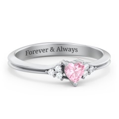 Narrow Heart Ring with Shoulder Accents – Sterling Silver with Pink Tourmaline and White Premium Zirconia