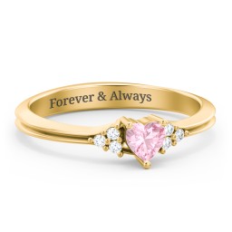 Narrow Heart Ring with Shoulder Accents in 10K Solid Yellow Gold with Pink Tourmaline