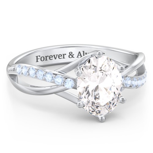 Oval Cut Gemstone Ring with Twisted Band and Accents – Sterling Silver with White Premium Zirconia and Fancy Blue Premium Zirconia