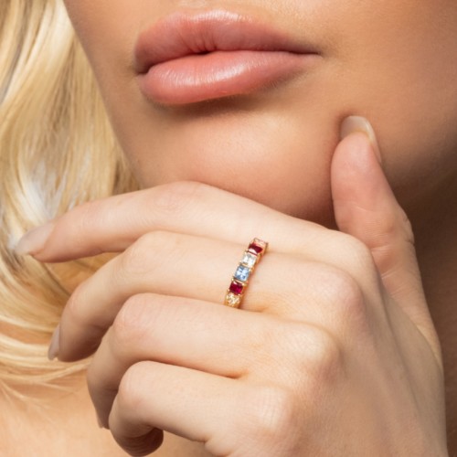 Classic 2-7 Princess Cut Ring with Accents – 10K Yellow Gold with Cubic Zirconia, Pink Tourmaline, Ruby, and Blue Topaz