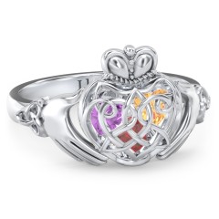 Caged Hearts Celtic Claddagh Ring – 10K Yellow Gold with Garnet, Citrine, and Amethyst