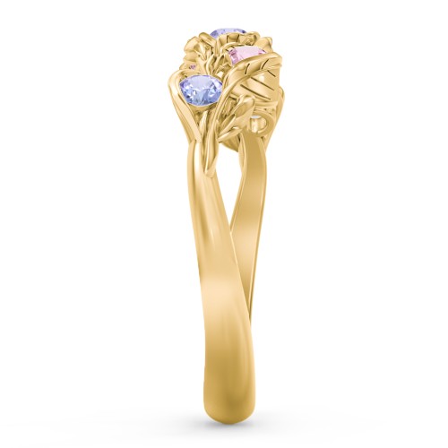 Organic Leaf Five Stone Family Ring – 10K Yellow Gold with Tanzanite and Pink Tourmaline