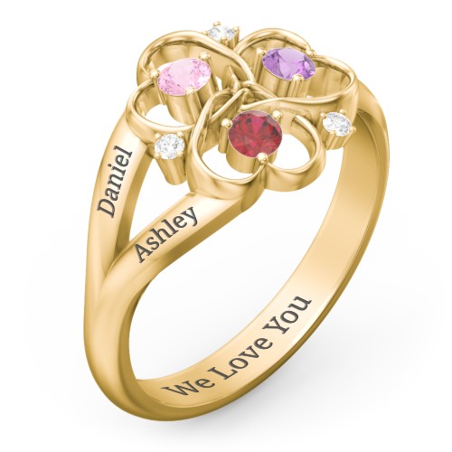 Engravable Intertwined Triple Heart Ring with Gemstones