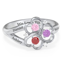 Engravable Intertwined Triple Heart Ring with Gemstones – 10K Yellow Gold with Pink Tourmaline, Garnet, Amethyst, and White Premium Zirconia