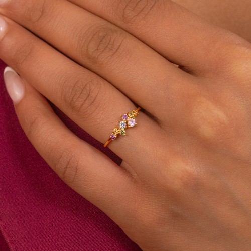 8-Stone Cluster Ring – Sterling Silver with Citrine, Pink Tourmaline, Cubic Zirconia, Amethyst, and Blue Topaz