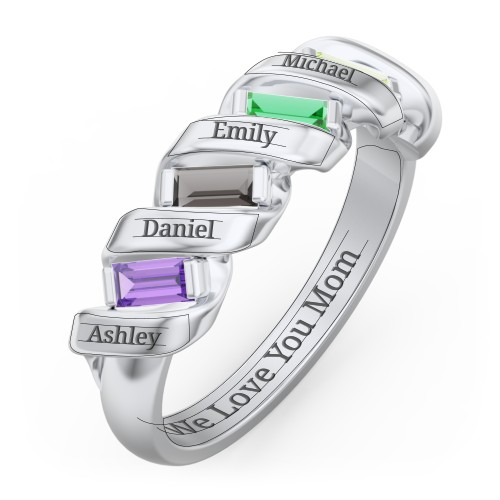 Spiral Baguette Ring – Sterling Silver with Amethyst, Smokey Quartz, Emerald, and Peridot