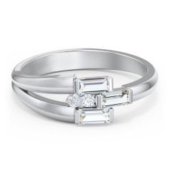 Engravable 3 Baguette Gemstone Ring with Accents – 10K White Gold with Cubic Zirconia and White Premium Zirconia