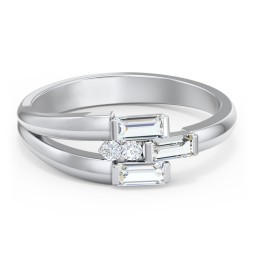 Engravable 3 Baguette Gemstone Ring with Accents in 10K Solid White Gold