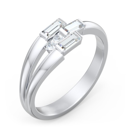 Engravable 3 Baguette Gemstone Ring with Accents – 10K White Gold with Cubic Zirconia and White Premium Zirconia