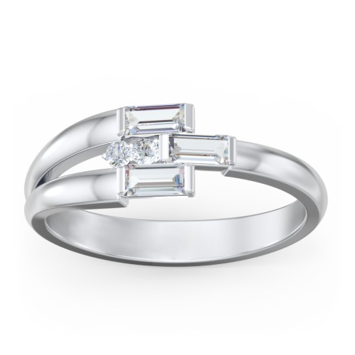 Engravable 3 Baguette Gemstone Ring with Accents – 10K White Gold with Cubic Zirconia and White Premium Zirconia