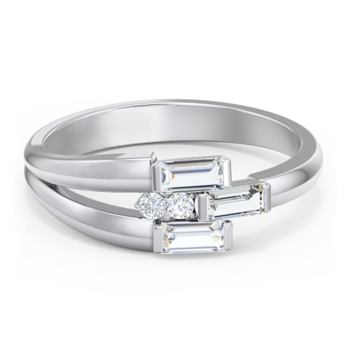 Engravable 3 Baguette Gemstone Ring with Accents – 10K White Gold with Cubic Zirconia and White Premium Zirconia