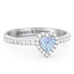 Halo Heart Ring with Accented Band – 18K Gold Plated Silver with Aquamarine and White Premium Zirconia