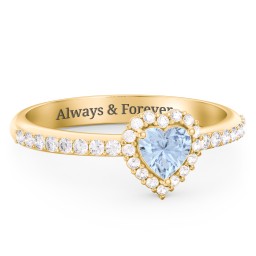 Halo Heart Ring with Accented Band in 18K Gold Plated Silver with Aquamarine and White Premium Zirconia