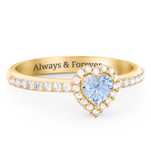 Halo Heart Ring with Accented Band – 18K Gold Plated Silver with Aquamarine and White Premium Zirconia