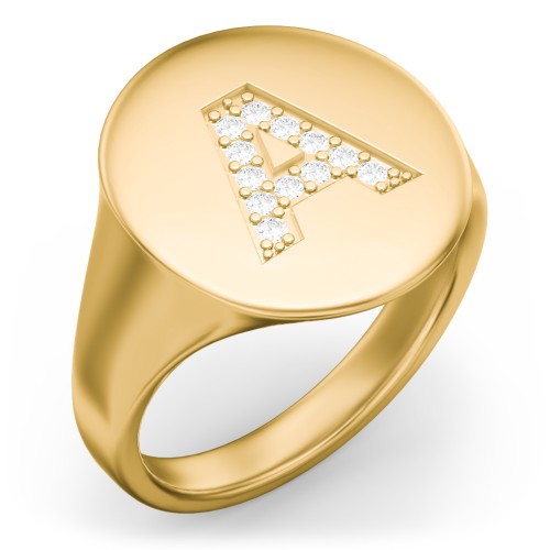 Pavé Initial Signet Ring - A – 10K Yellow Gold with White Premium Zirconia