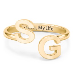 Double Initial Open Cuff Ring in 10K Solid Yellow Gold