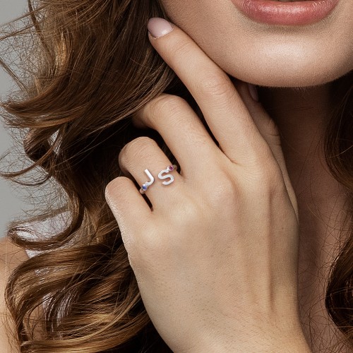 Double Initial Open Cuff Ring with Birthstones – 10K Yellow Gold with Blue Sapphire and Ruby