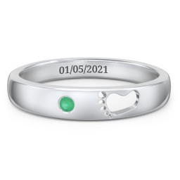 Baby Footprint Cutout Band with Birthstone in 10K Solid White Gold with Emerald