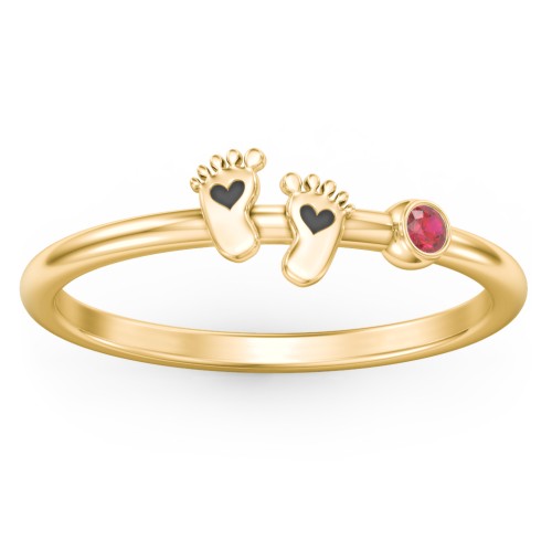 Dainty Baby Feet Ring with Birthstone – 10K Yellow Gold with Garnet