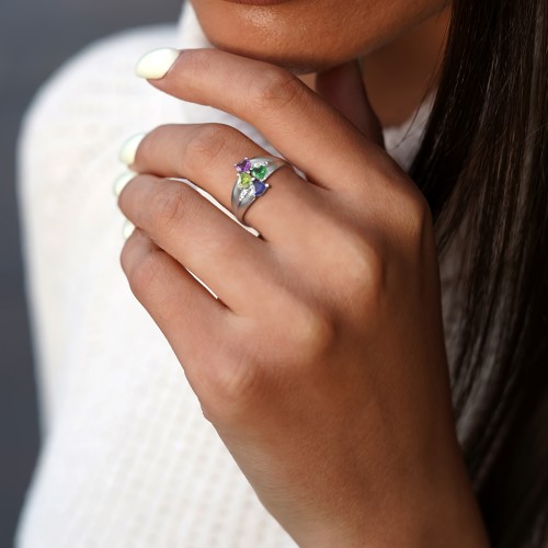 Multi-Heart Split-Band Ring – Sterling Silver with Amethyst, Blue Topaz, Citrine, Peridot, and Cubic Zirconia