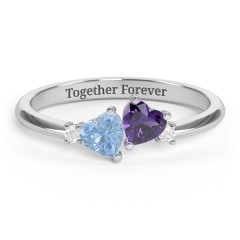 Pair of Hearts Gemstone Promise Ring with Accent Stones – 18K Gold Plated Silver with Blue Topaz, Amethyst, and White Premium Zirconia