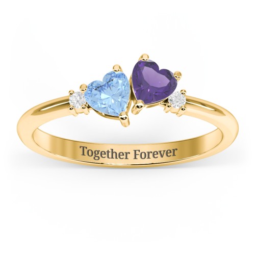 Pair of Hearts Gemstone Promise Ring with Accent Stones – 18K Gold Plated Silver with Blue Topaz, Amethyst, and White Premium Zirconia